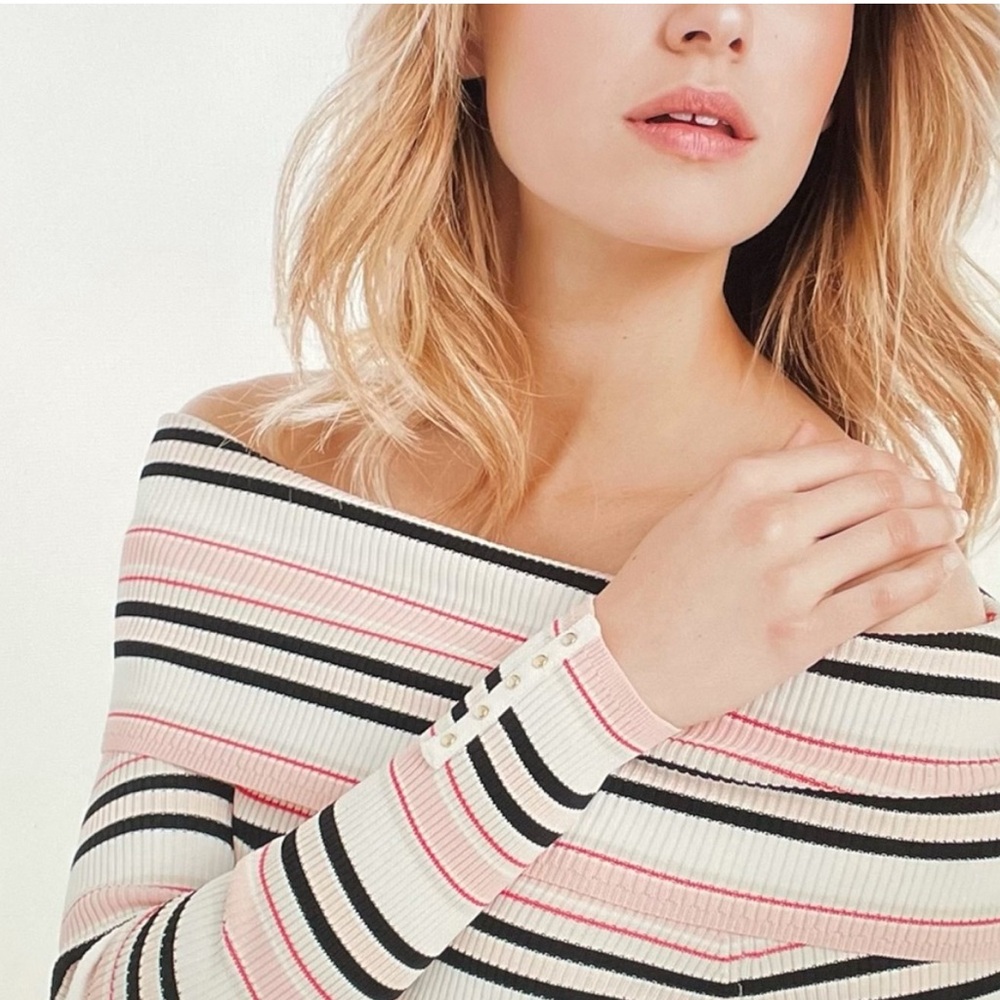White House Black Market Pink Black Striped Off The Shoulder Sweater Sz S NWT - Picture 2 of 6